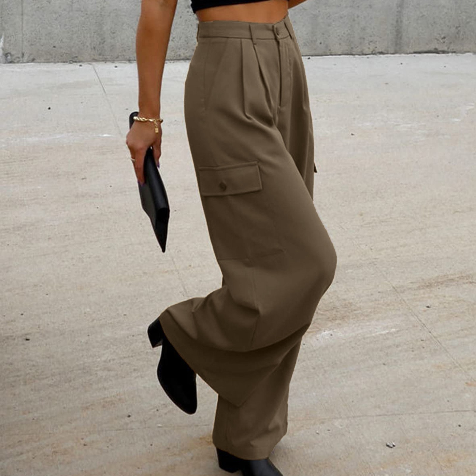 thumbnail image 4 of Pantalones cargo anchos lisos para mujer: cintura elástica, corte holgado, tejido de poliéster, adorno de botones, aptos para primavera/verano/otoño, ropa informal y para actividades al aire libre, 4 of 8